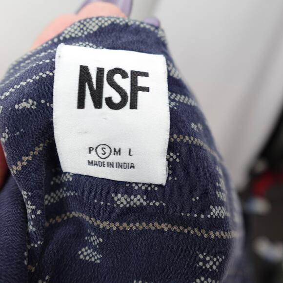 NSF Washed Silk Midi Dress Sz S Navy Blue Boho Printed Pockets Hi Low Scoop Neck - Picture 2 of 11